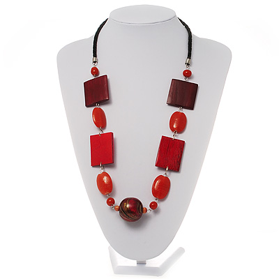 Oval, Square & Round Bead Leather Style Cord Necklace (Red, Orange & Balck)