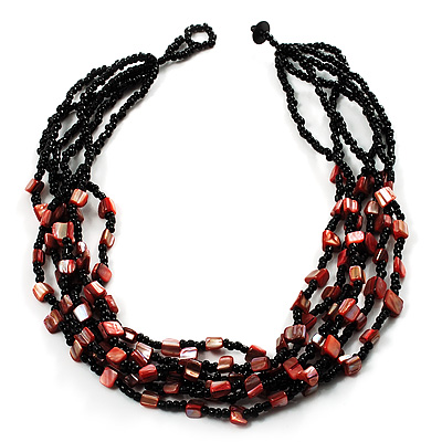 Multistrand Glass And Shell - Composite Necklace (Coral & Black) - main view