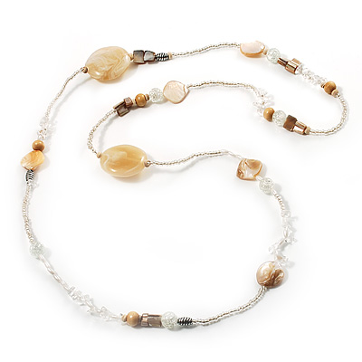 Long Exquisite Glass & Shell Bead Necklace (Antique & Transparent White) - 96cm Length - main view
