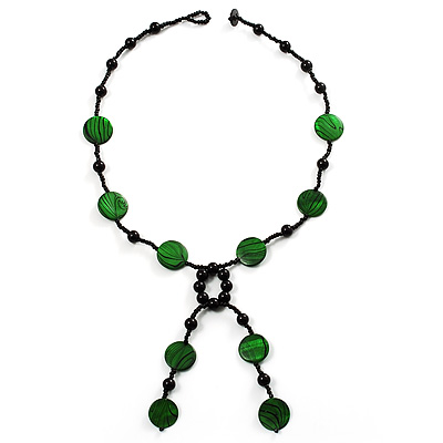 Glass & Shell Bead Tassel Necklace (Bright Green & Black) - main view
