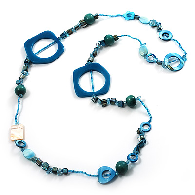 Light Blue Shell & Wood Bead Long Necklace - 90cm Length - main view