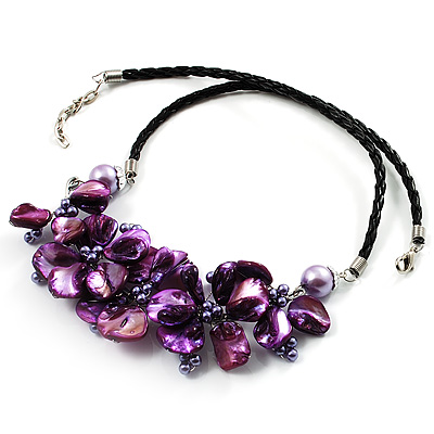 Purple Shell-Composite Leather Cord Necklace