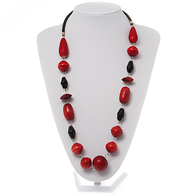 Red Wood Bead Leather Style Cord Necklace (Silver Tone)