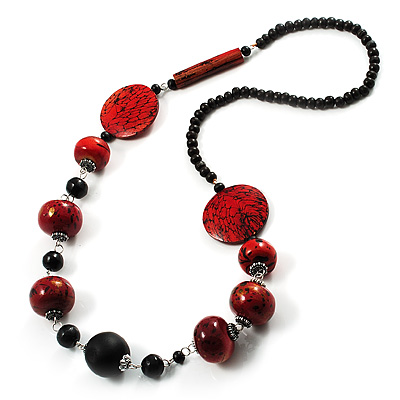Stylish Animal Print Wooden Bead Necklace (Black & Red) - 80cm Long - main view