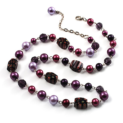 Purple Beaded Floral Necklace (Silver Tone) - 66cm Length - main view