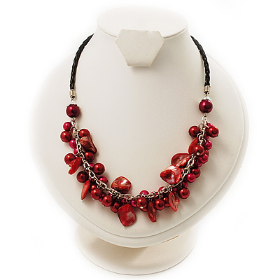 Bright Red Shell Composite Charm Leather Style Necklace (Silver Tone) - main view