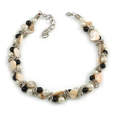 Exquisite Faux Pearl & Shell Composite Silver Tone Link Necklace (Antique White & Black)