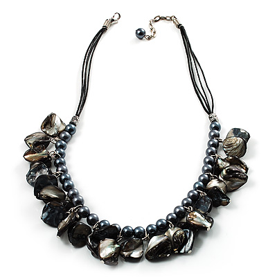 Black Simulated Pearl & Shell Bead Cord Necklace (Silver Tone) - main view