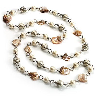 Long Shell Composite & Imitation Pearl Bead Silver Tone Necklace (120cm) - main view
