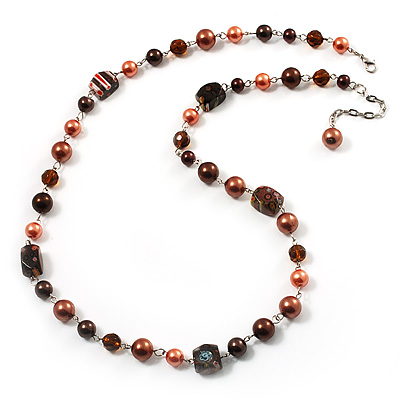 Brown Beaded Floral Necklace (Silver Tone) - 66cm Length - main view