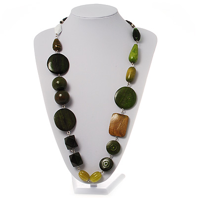 Olive Green Wood Bead Leather Style Cord Necklace - main view