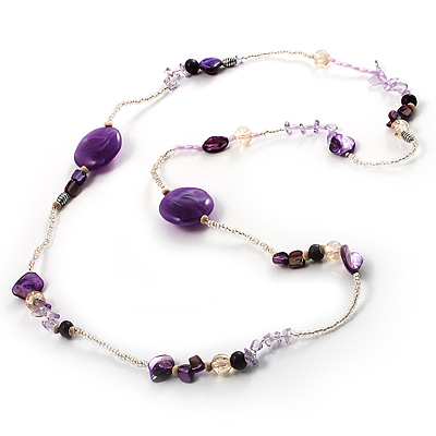 Long Exquisite Glass & Shell Bead Necklace (Purple & Beige) - 100cm L - main view