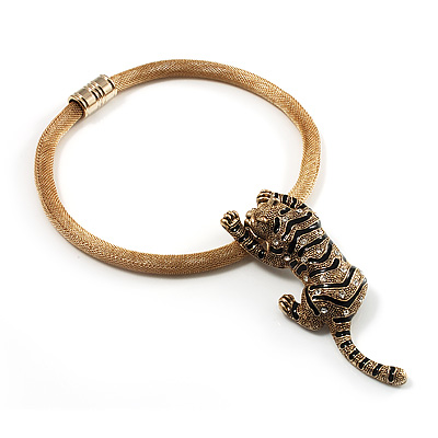 Gold Crystal Enamel 'Tiger' Mesh Magnetic Pendant Necklace - main view