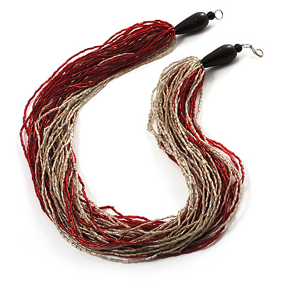 Chunky Multi-Strand Glass Bead Wood Necklace (Bright Red & Transparent/ White) - 58cm L - main view
