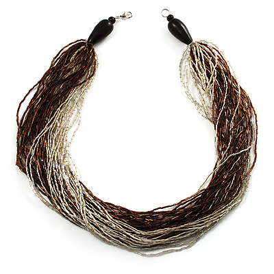 Chunky Multi-Strand Glass Bead Wood Necklace (Brown & Transparent/ White) - 58cm L
