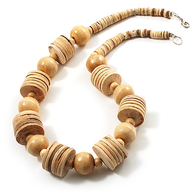 Antique White Wood Button & Bead Chunky Necklace - 60cm - main view