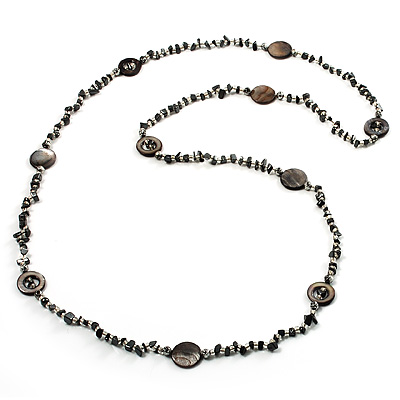 Long Ash Grey Shell & Nugget Bead Necklace - 125cm Length - main view