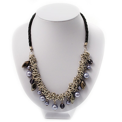 Silver Tone Link Charm Leather Style Necklace (Black & Lilac) - main view
