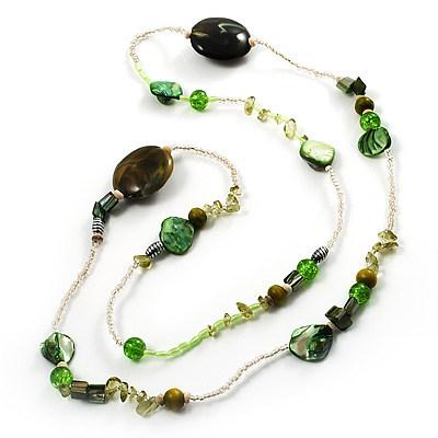 Long Exquisite Glass & Shell Bead Necklace (Grass Green & Olive Green) - 120cm Length - main view
