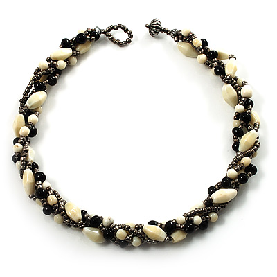 4 Strand Twisted Glass And Ceramic Choker Necklace (Black, White & Metallic Silver) - main view