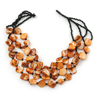 3 Strand Orange & Black Shell - Composite Bead Necklace - 40cm Length - main view