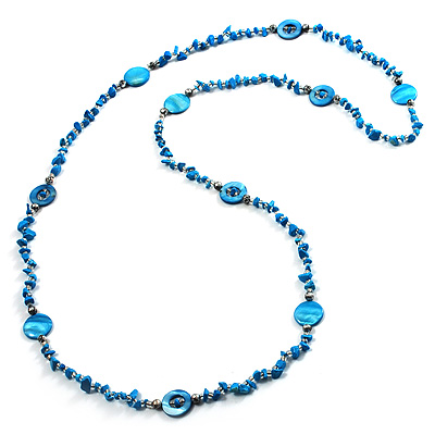 Long Blue Shell & Nugget Bead Necklace -120cm L - main view