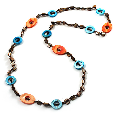 Beige, Orange & Light Blue Long Shell Necklace - 100cm L - main view
