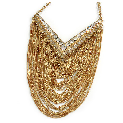Gold Plated Chic Multi Chain Crystal Bib Necklace - main view