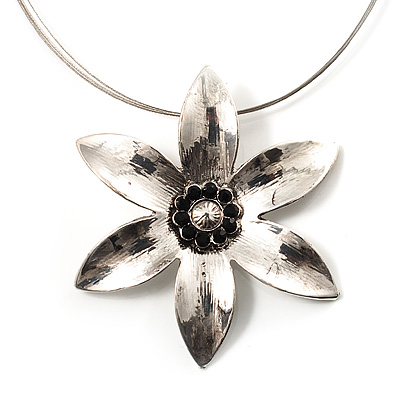 Rhodium Plated Daisy Pendant Wire Necklace - main view