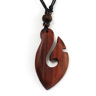 Unisex Adjustable Brown Wood 'Magical Hook' Black Cord Pendant Necklace - main view