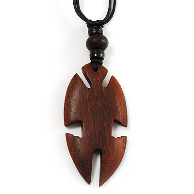 Unisex Adjustable Brown Wood 'Jigsaw' Black Cord Pendant Necklace - main view