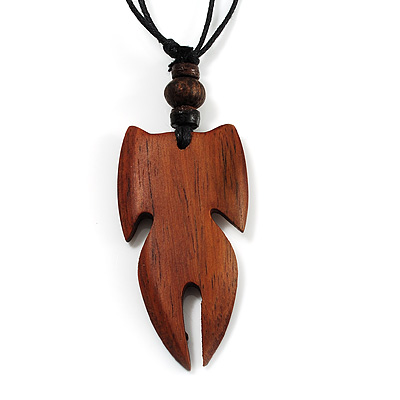 Unisex Adjustable Brown Wood 'Pike'  Black Cord Pendant Necklace - main view