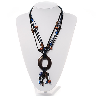 Wood 'O' Shaped Pendant Suede Black & Blue Cord Necklace - 50cm Length - main view
