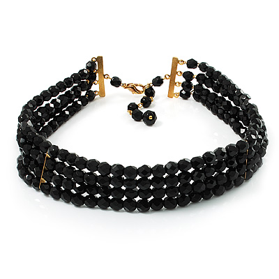 4-Strand Black Glass Bead Choker Necklace (Gold Tone) - main view