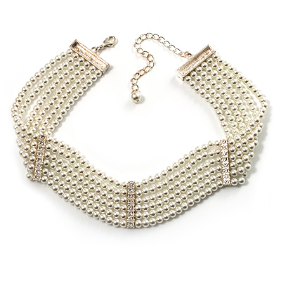 6-Strand White Faux Pearl Bridal Diamante Choker Necklace in Silver Plated Metal - 30cm L/5cm Ext - main view