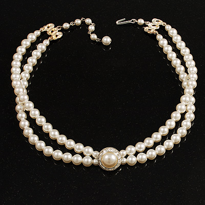 2 Strand Imitation Pearl Wedding Choker Necklace (Snow White, Silver Tone)