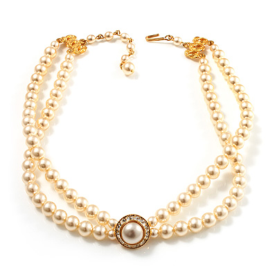 2 Strand Imitation Pearl Wedding Choker Necklace (Light Cream, Gold Tone)