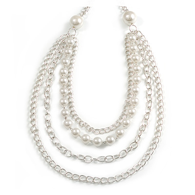 Long Multi Strand Imitation Pearl Necklace (Silver Tone) - 100cm - main view
