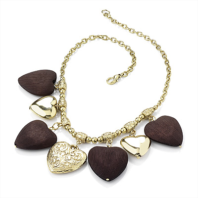 Gold & Wood Heart Charm Necklace (Gold Plated) - 42cm Length - main view