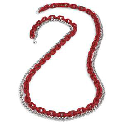 Long Red Plastic & Silver Metal Chain Necklace - 88cm Length - main view