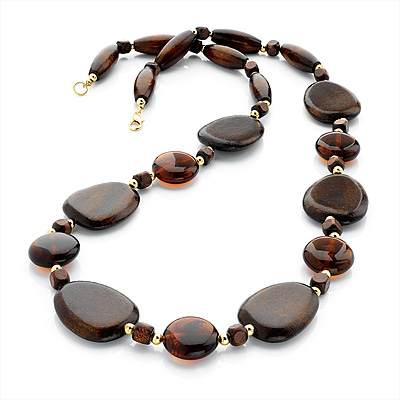 Long Wood & Resin Nugget Necklace (Brown Chocolate & Gold) - 80cm Length - main view