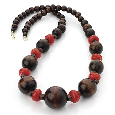 Long Chunky Wood Bead Necklace (Chocolate Brown & Red Carrot) - 80cm Length - main view