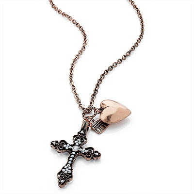 Long Copper-Tone Cross, Puffed Heart & Bag Charm Necklace - 74cm Length - main view