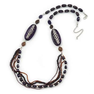 Long Handmade Style Deep Purple Wood, Glass Bead Necklace In Silver Tone Finish - 82cm Length/ 8cm Extension - main view