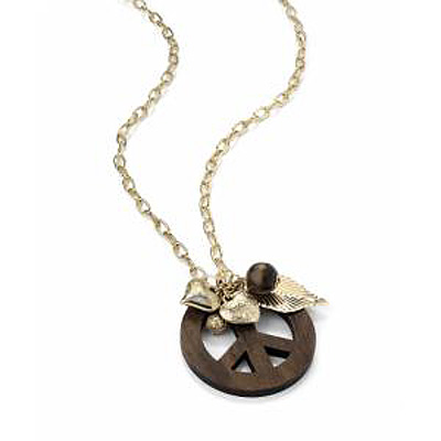 Long Wood Peace Sign, Leaf & Heart Charm Necklace (Gold Tone) - 90cm Length - main view