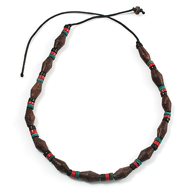 Unisex Brown/ Green, Red Wood Bead Necklace - 40cm Length - main view