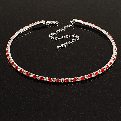 Thin Austrian Crystal Choker Necklace (Clear & Hot Red)