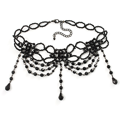 Chic Victorian/ Gothic/ Burlesque Black Bead Choker Necklace - main view