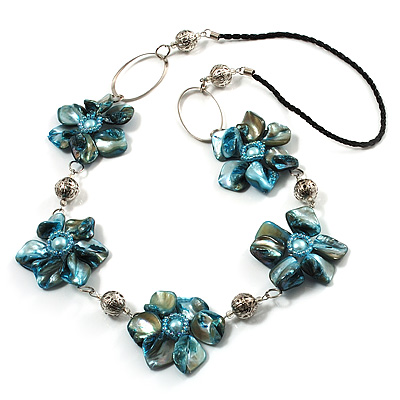 Light Blue Shell Floral Leather Cord Long Necklace -78cm Length - main view