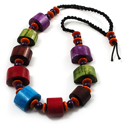 Multicoloured Chunky Wood Bead Cotton Cord Necklace - 62cm - main view